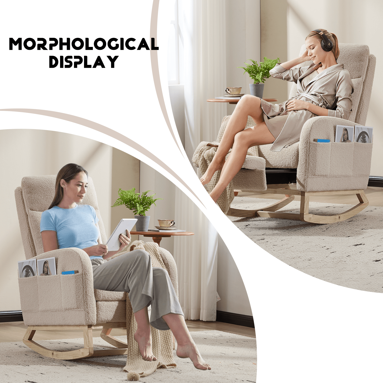 Nursery Rocking Chair,Modern Upholstered High Back Glider Armchair,Comfy Rocker with retractable footrest and Headrest, Side Pocket Accent Chair for Living Room/ Bedroom （Teddy）BEIGE