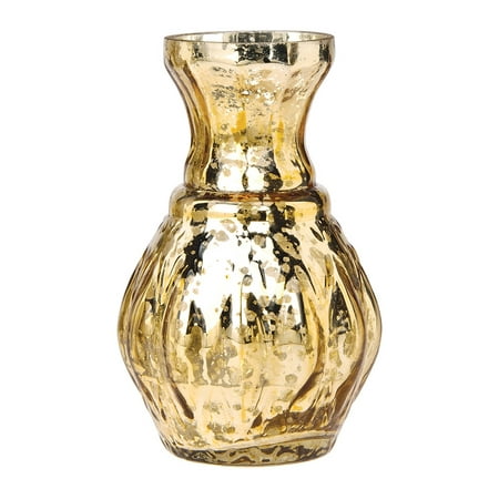 Vintage Mercury Glass Vase (4-Inch, Bernadette Mini Ribbed Design, Gold) - Decorative Flower Vase - For Home Decor, Party Decorations, and Wedding