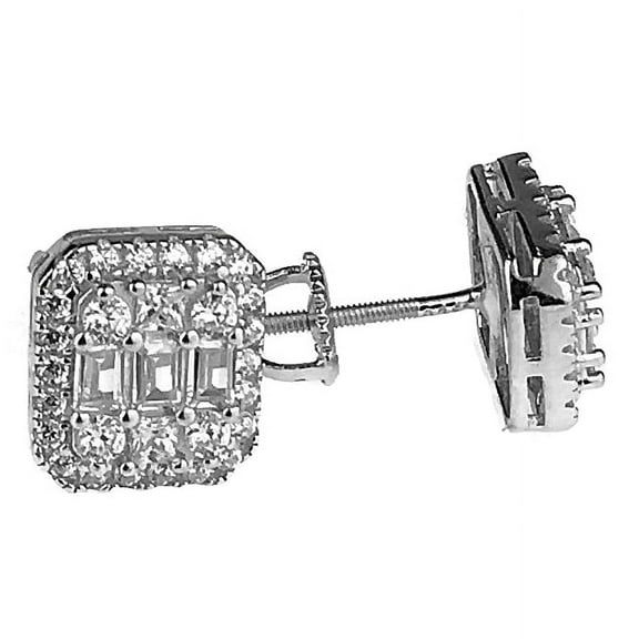 Real Solid 925 Sterling Silver Baguette Iced Earrings Bling Flooded Out CZ Screw Backs