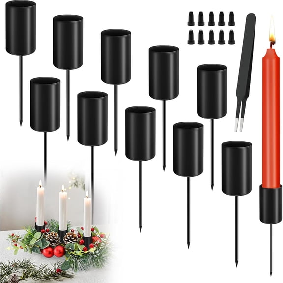 FULANDL 10 Pieces Candle Holders, Black Stick Candle Holders with Short Prongs and Tweezers,Metal Stick Candle Holder for Decoration Table Decoration