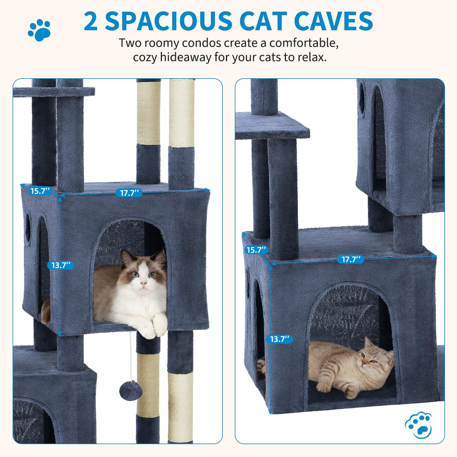 61" Heavy-Duty Cat Tree for Large Indoor Cats & Maine Coons – Multi-Level with Extra-Large Perch, 2 Spacious Condos, Sisal Scratching Posts & Interactive Toys – Stable Base