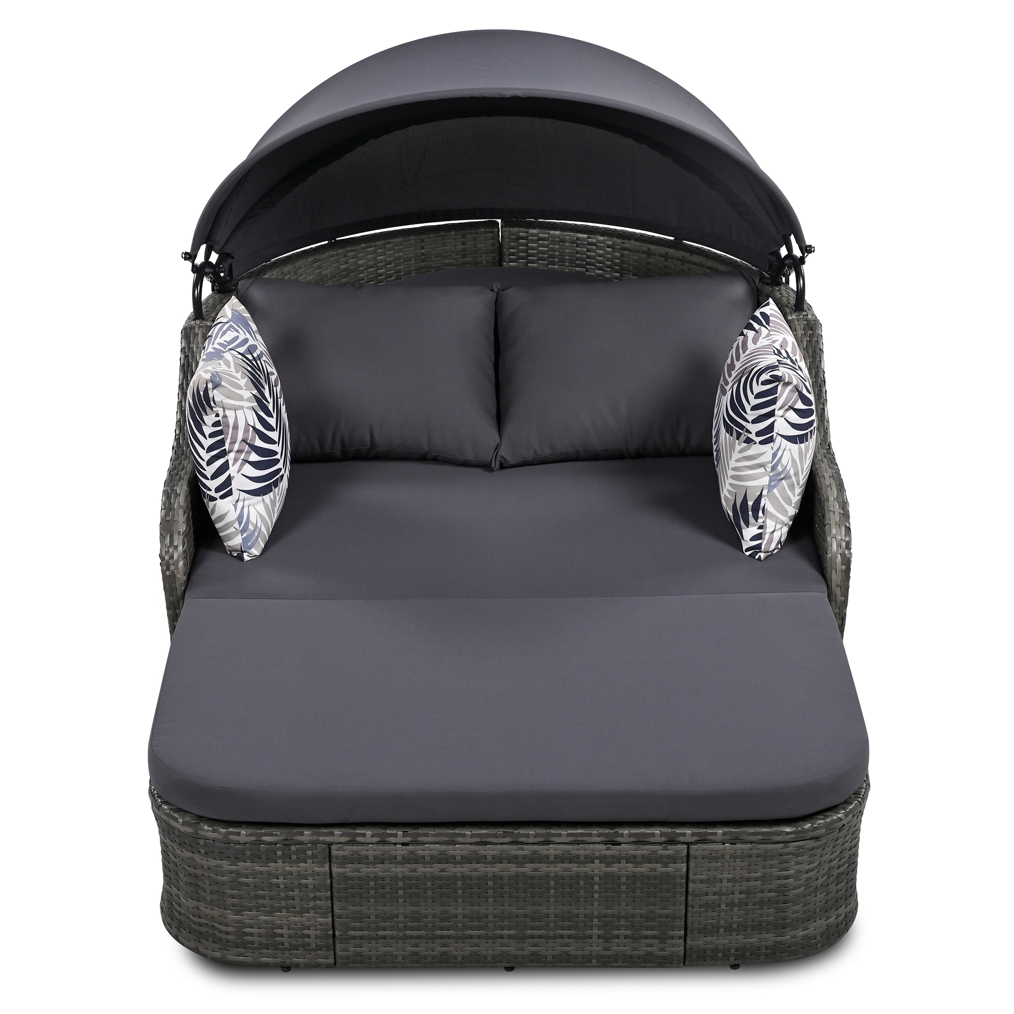 80" Outdoor Sunbed with Adjustable Canopy,Sectional Rattan Round Bed with Double lounge,Gray