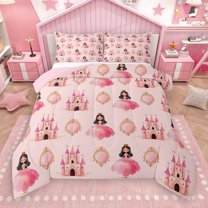 Manfei Cartoon Girls Queen Comforter Set,Pink Princess Castle Bedding Sets,Fairy Tale Theme Bedding Comforter Set For Kids,Microfiber Bedroom Decor Reversible,3pcs