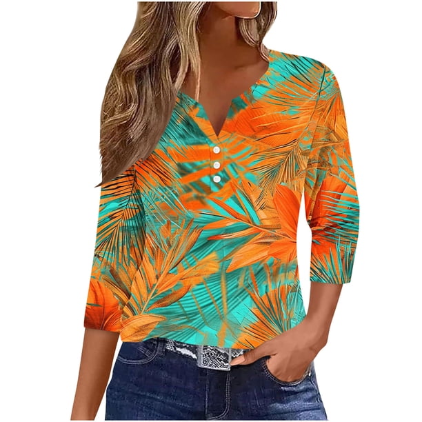 Blusas para las Mujeres Casual Impreso 3/4 Mangas Cuello en V Botón de Ocio Top Blusa Tops para las Mujeres
