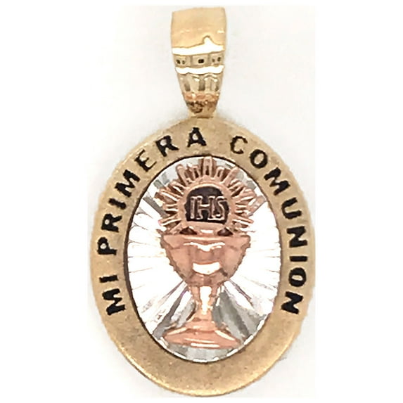 14k Tricolor Gold, Mi Primera Comunion Religious Pendant Charm Black Resin Lettering Oval 13mm