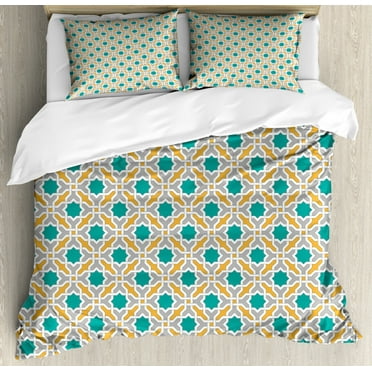 Teal King Size Duvet Cover Set, Islamic Geometric Pattern Eastern Religions Inspired Oriental Symmetric Design, Decorative 3 Piece Bedding Set with 2 Pillow Shams, Teal Grey Mustard, by Ambesonne