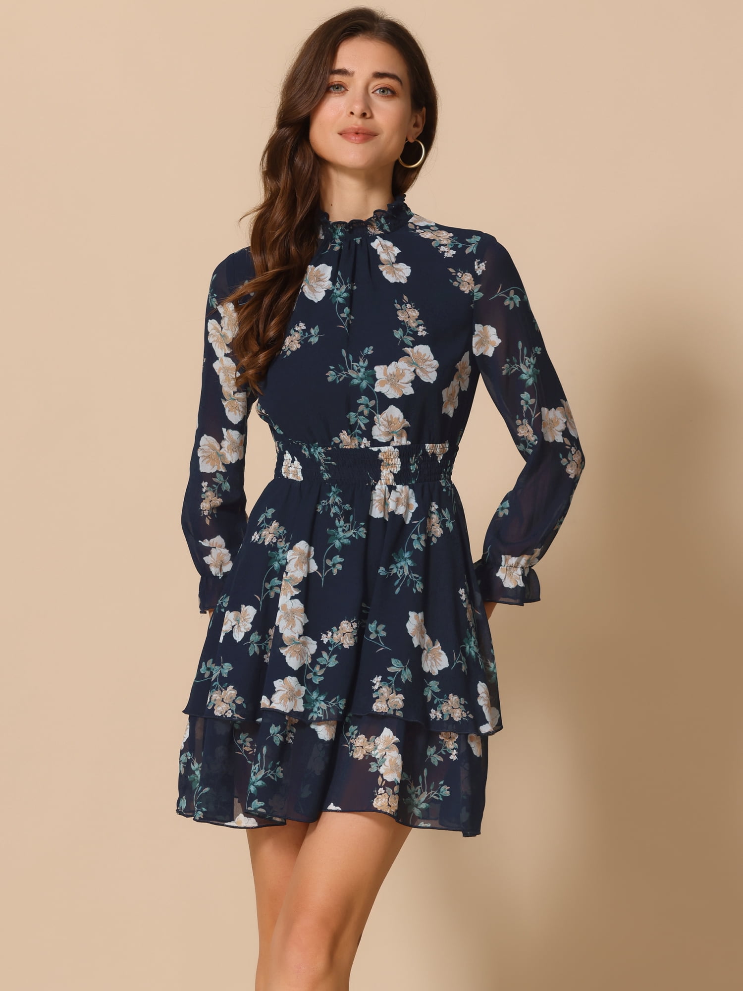 DARING DIVA Women's Floral Ruffle Trim Layered Dresses L Deep Blue