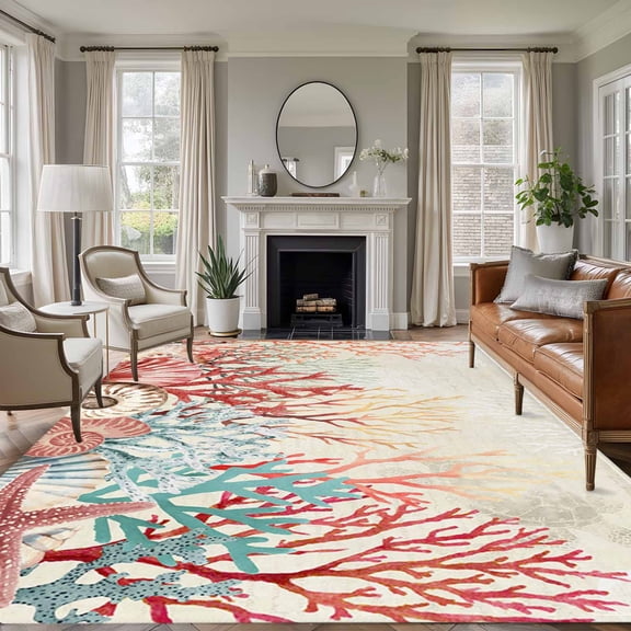 8x10 Area Rugs for Living Room, Red Coral Coastal Non Slip Area Rugs for Kitchen Bedroom Entryway, Summer Beach Ocean Shells Starfish Turtle Washable Carpet Runner Rug Floor Mats for Bedroom