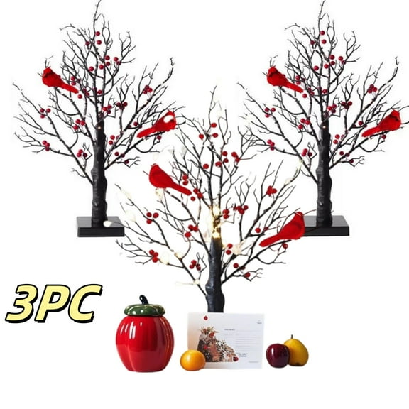 Vintage Glowing Tree with Cardinals, 24 Led Cardinal Christmas Tree with Lighted Branches & Berries, 21 Inch Lighted Mini Birch Trees for Xmas Indoor Tabletop Centerpiece Operated By Battery （3Pc)