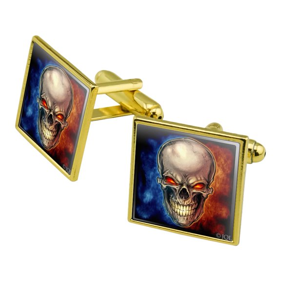 Skull Blue Red Flaming Glowing Eyes Square Cufflink Set - Silver or Gold