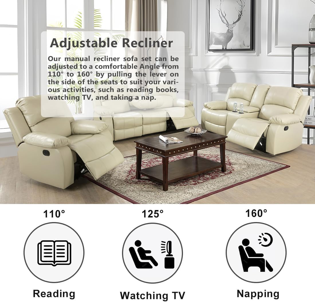 Bonded Leather Living Room Furniture Set Reclining Sofa Set Loveseat Furniture Sets in Living Room Sofa Recliners (3 Pieces, Beige)
