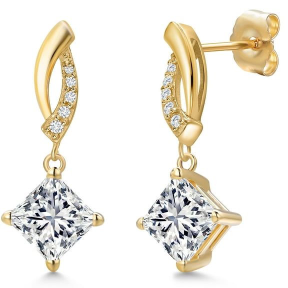 Gem Stone King 2.10 Cttw IGI Certified Princess Cut Lab Grown Diamond Dangle Earrings for Women in 14K Yellow Gold | E-F Color | Each Diamond 1 Ct | VS1-VS2 Clarity