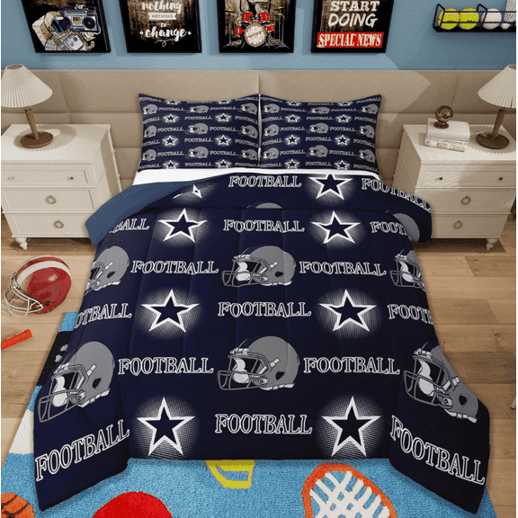 jejeloiu Gray Rugby Helmet Full Size Comforter Sets,American Ball Bedding Comforter Set,Gray Blue Bedding Sets For Boys Kids,Ultra Soft Room Decorative Reversible,3pcs