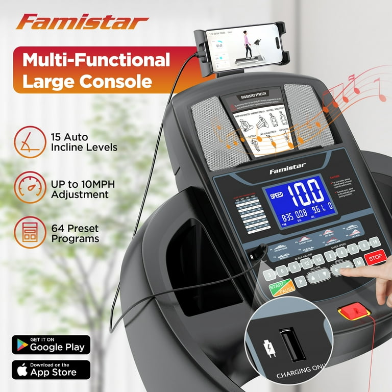 Famistar Smart Folding Treadmill Portable Foldable w APP control 300lbs Capacity 15 Levels Auto Incline Electric Treadmill for Home Office Adjustable iPad Holder Max 10MPH Speed Knee Strap Gift Walmar...