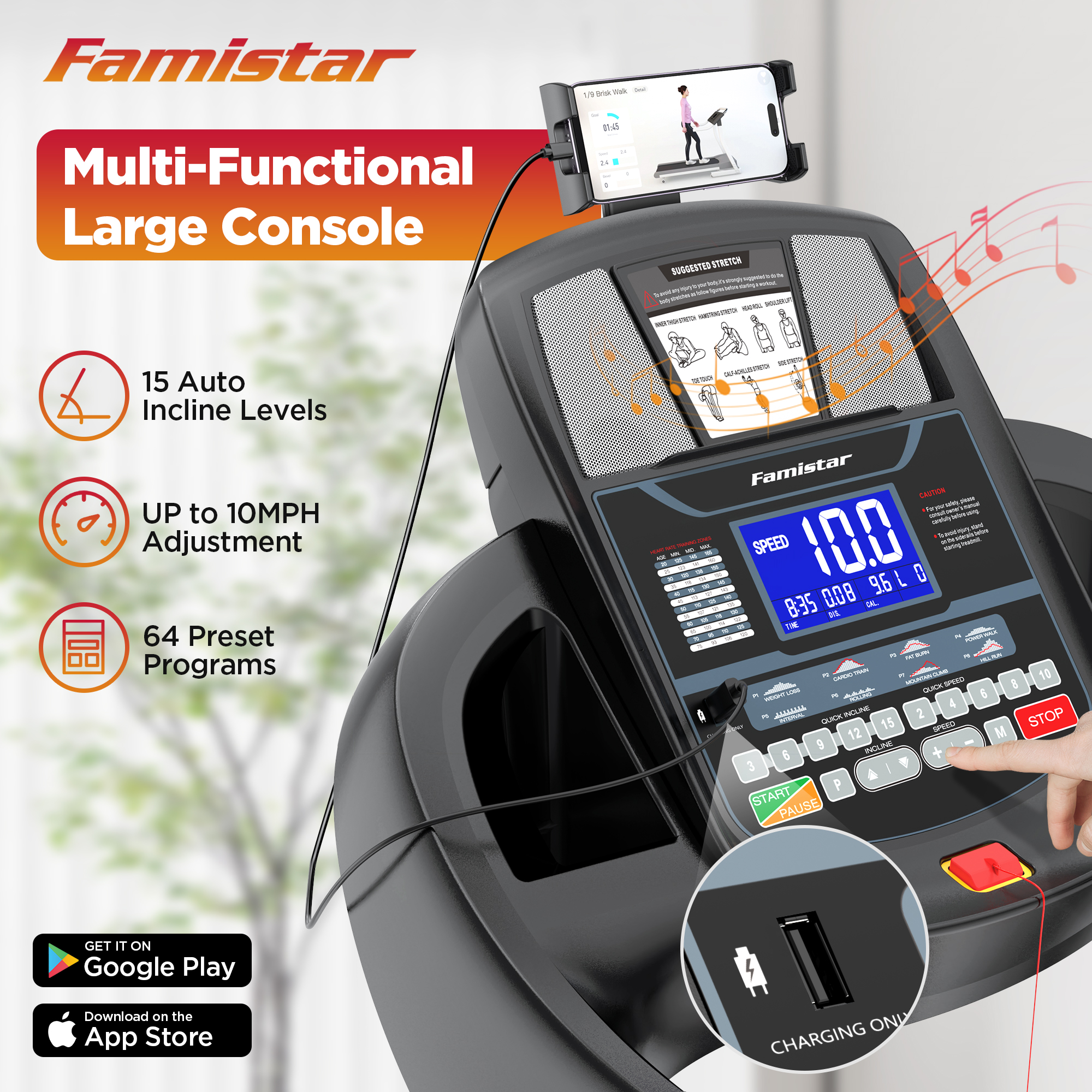 Famistar 4.5HP Folding Treadmill for Home with 15 Auto Incline, Smart APP, 300lbs, HiFi Bluetooth Speakers, 64 Programs, 10MPH Speed, Foldable EleTreadmill Running Machine, Knee Strap Gift - image 4 of 7