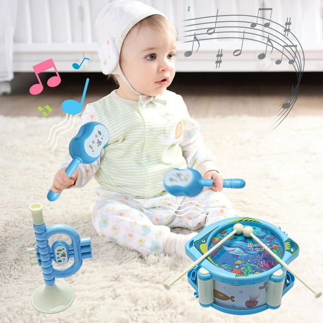 EGNMCR Pool Toys, Musical Toy Set Hand Pat Drum Rattle Trumpet Early Learning Percussion Instrument For Infants Safe ABS Plastic Newborn Gift For Boys And Girls Plastics Hand Beating Drum Set