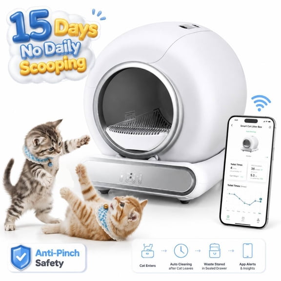 Extra Large Self Cleaning Litter Box – Automatic Cat Litter Box for Multiple Cats & Senior Cats (up to 22 lbs) – 5.5" Low Entry, Smart App Control, Odor Control & Anti-Pinch Design