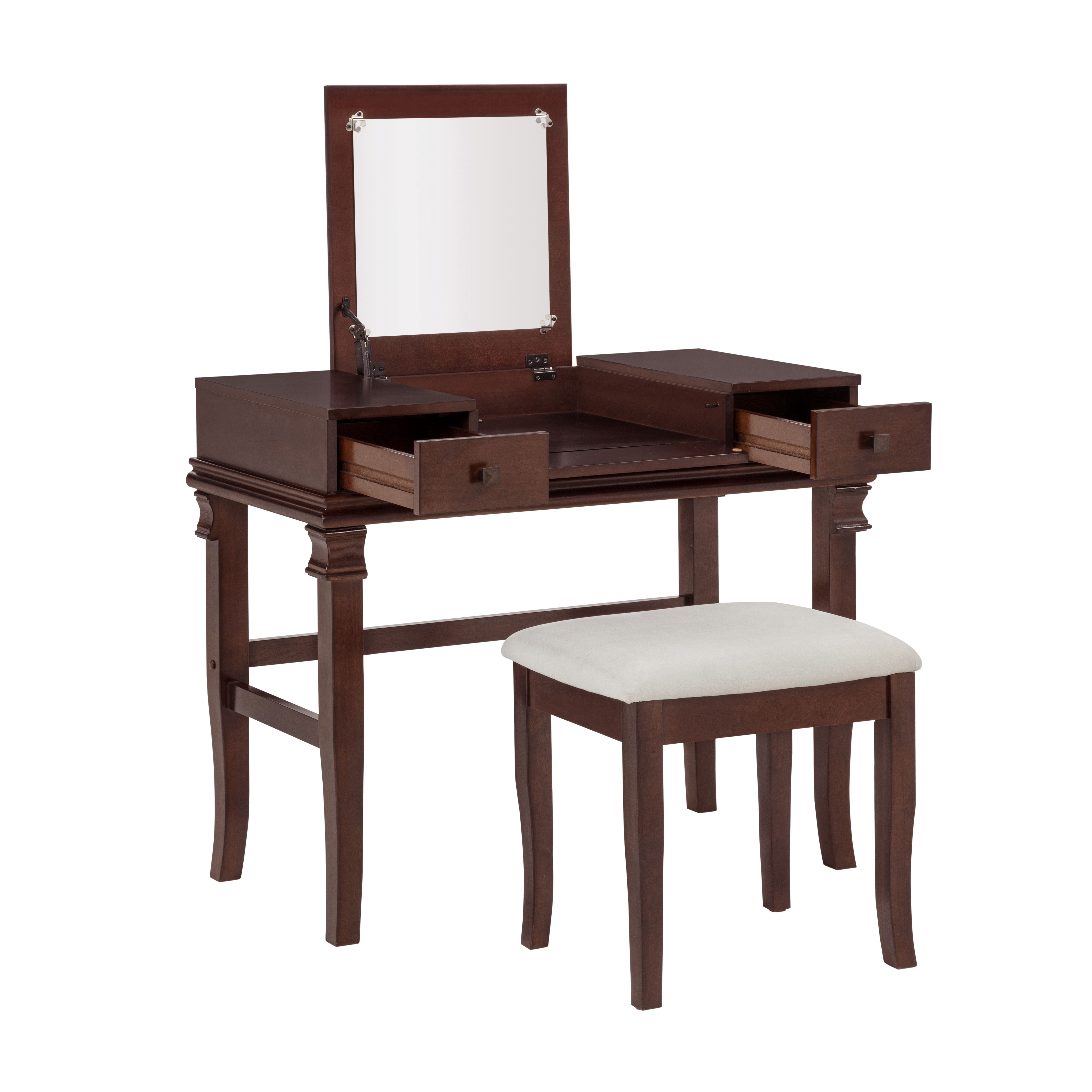 Linon Morton 2-Piece Vanity Set with Flip-Top Mirror and Upholstered Stool, Walnut/Beige