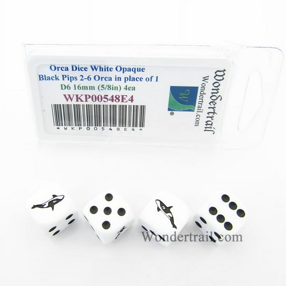 Orca Dice White Opaque with Black Pips D6 16mm (5/8in) Set of 4 Wondertrail