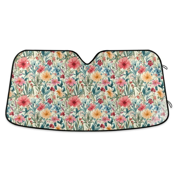 Watercolor Blooming Wildflowers Car Windshield Sun Shade Foldable Car Front Window Visor Heat and UV Protection 53x23.5