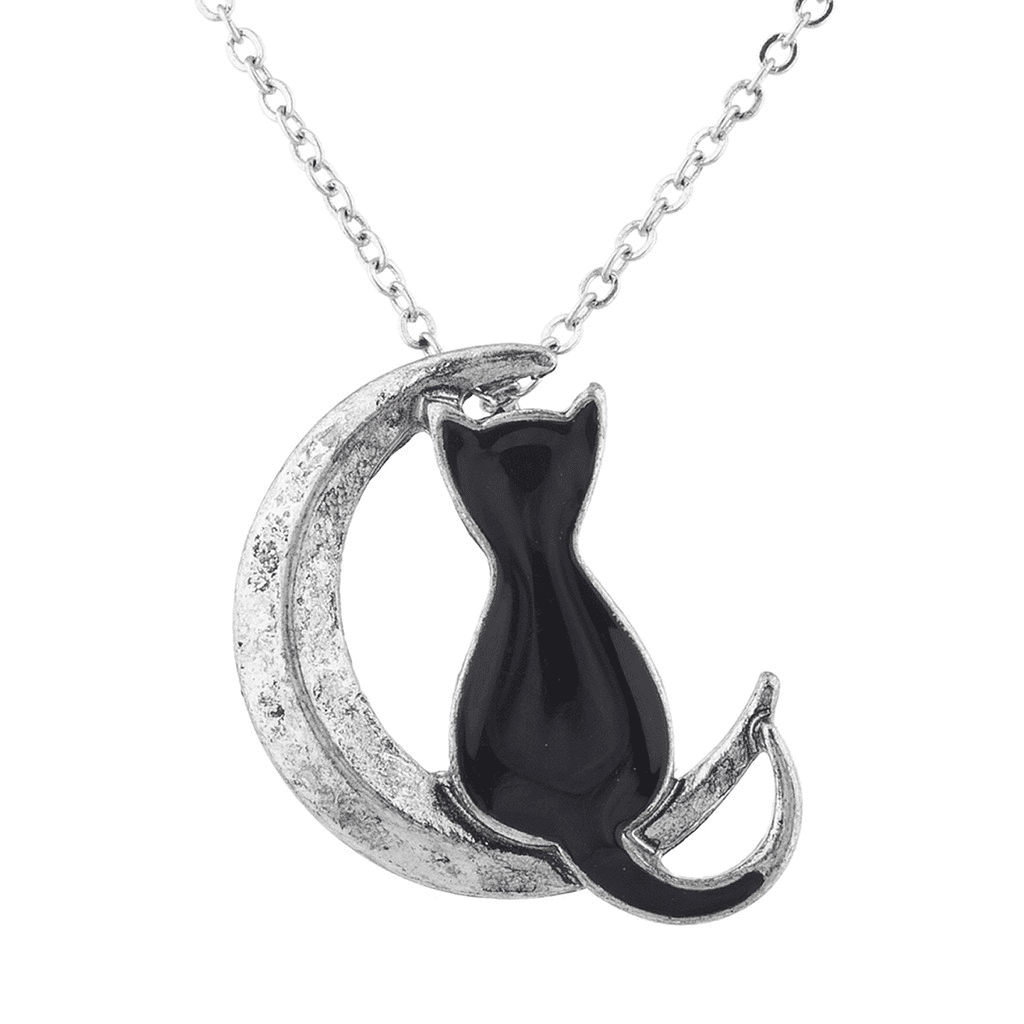 Lux Accessories Burnished Silver Tone Black Cat Crescent Moon Pendant ...