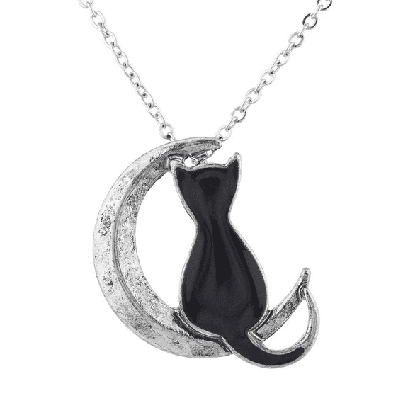 Lux Accessories Burnished Silver Tone Black Cat Crescent Moon Pendant Necklace