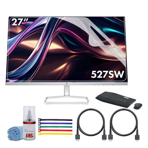 HP Series 5 27 inch FHD White Monitor Bundle Including: Logitech MK850 Wireless Keyboard and Mouse Combo, 3x HDMI Cable, Surge Protector, Cable Ties, Screen Cleaning Kit, Screen Protector
