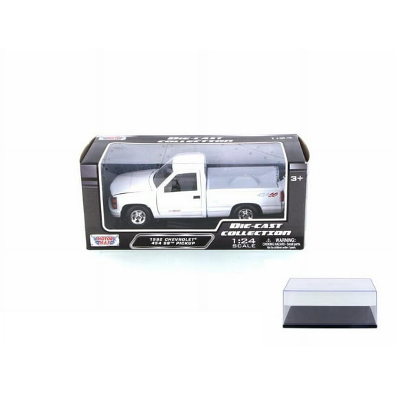 Diecast Car w/Display Case - 1992 Chevy 454 SS Pickup Truck, White - Motor Max 73203WH - 1/24 Scale Diecast Model Toy Car