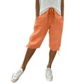 thumbnail image 2 of HKYNLAG Bermuda Shorts for Women Knee Length Cotton Linen Elastic Waist Drawstring Shorts Summer Capris Pants with Pockets Saffron XL, 2 of 7