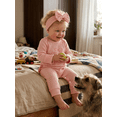 thumbnail image 5 of BemeyourBBs Newborn Baby Girls Mother's Day Father's Day Outfit Infant Baby Girls Spring Fall Winter Clothes Waffled Romper I Love Mom Dad Letter Bow  Sleeves Jumpsuits and Cute Headband Set, 5 of 9