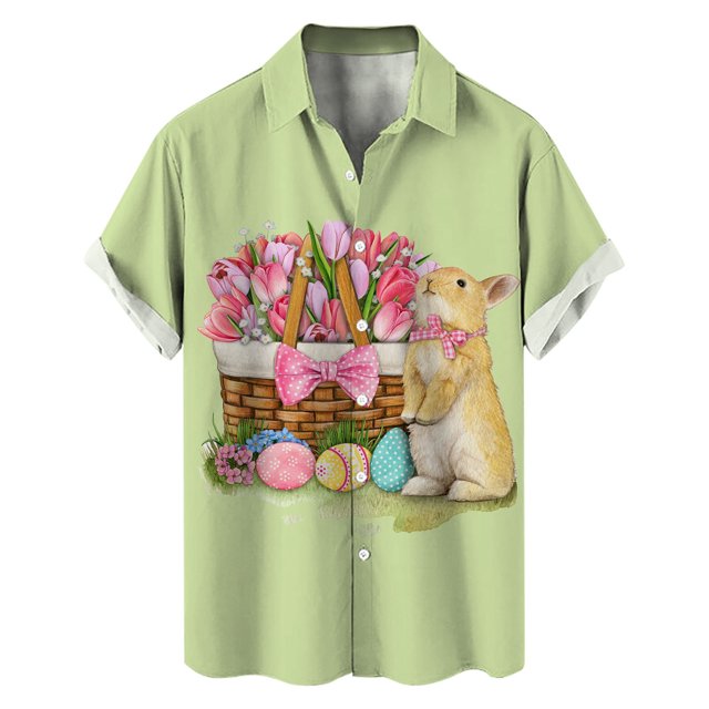 Wyzesi Blue Shirt Men Button Up Men's Easter Rabbit and Flower Print Short Sleeve Male Casual Shirt Spring and Summer Compression Shirt Men Pack Long Sleeve