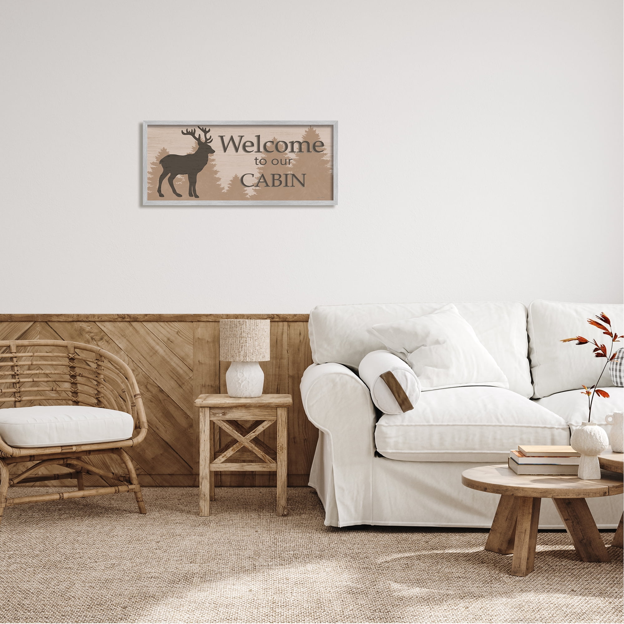 Stupell Welcome To Our Cabin Deer Sign Animals & Insects Painting Gray Framed Art Print Wall Art