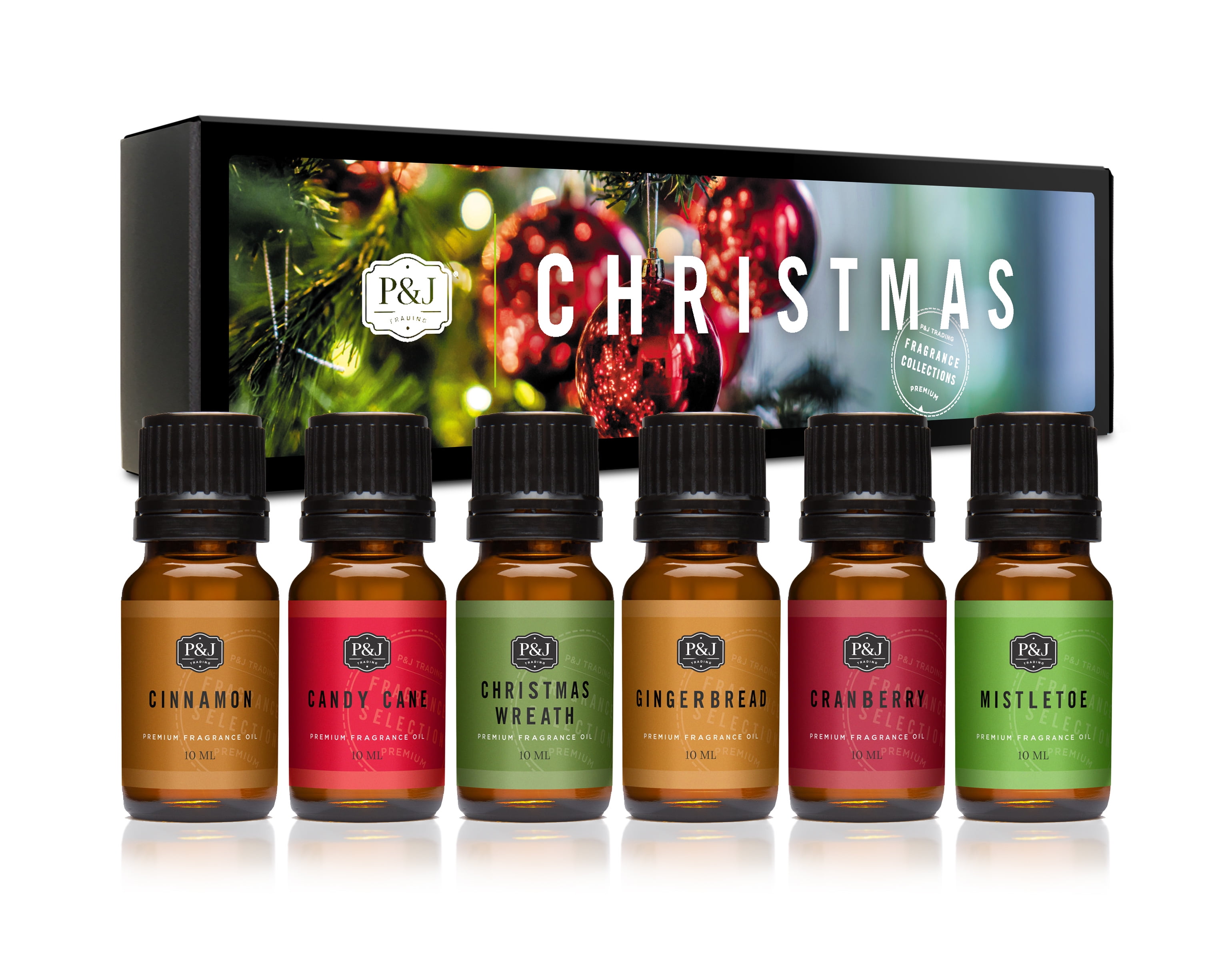 Christmas Set of 6 Fragrance Oils - Premium Grade Scented Oil - 10ml - Christmas Wreath, Mistletoe, Candy Cane, Gingerbread, Cinnamon, and Cranberry