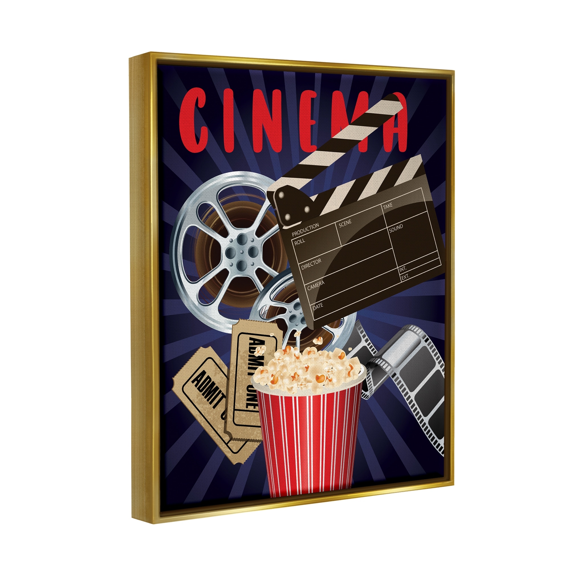Stupell Industries Cinema Movie Reel Popcorn Entertainment Sign Graphic Art Metallic Gold Floating Framed Canvas Print Wall Art, Design by Yvonne Coleman Burney