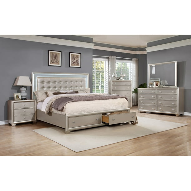 Mariano Storage King Bed With Led And Faux Leather Headboard Walmart Com Walmart Com