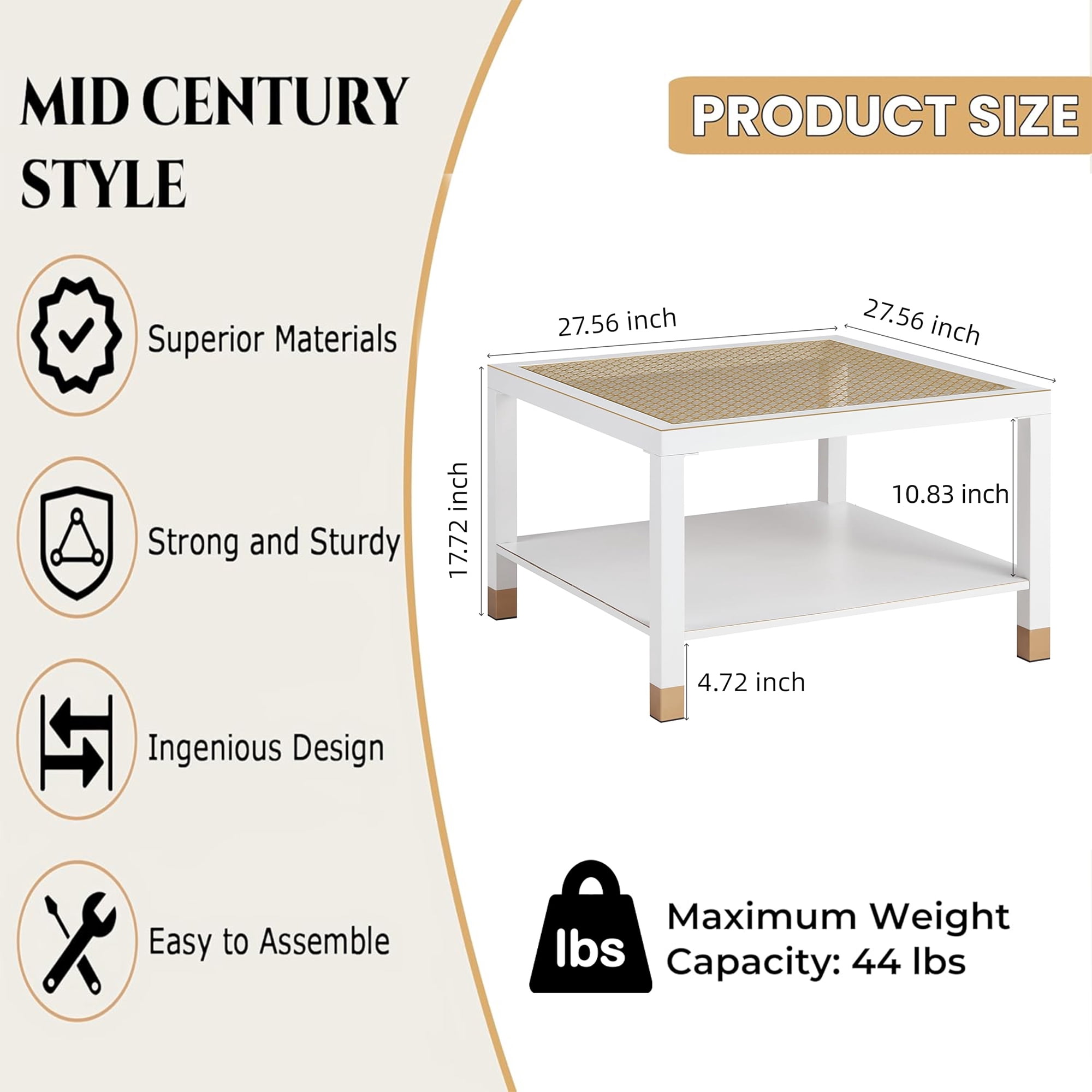 Leumius Modern Square Coffee Table, 27.6" Crisp Metal Frame, Luxe Gold Glass Top for Living Room Office White
