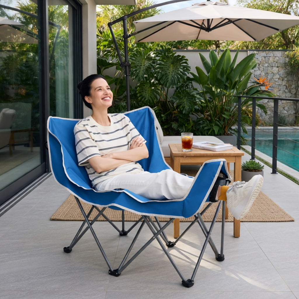 Hommoo Duo Portable Oversized Camping Loveseat Chair with Armrests, Dual Mesh Cup Holders & Heavy-Duty Steel Frame, Blue