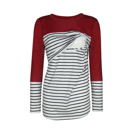 

Breastfeeding Shirts For Women Clearance Sales Ladies Fashion Solid Color Stripe Print Short Sleeve Maternity Breastfeeding Clothe Top Red M
