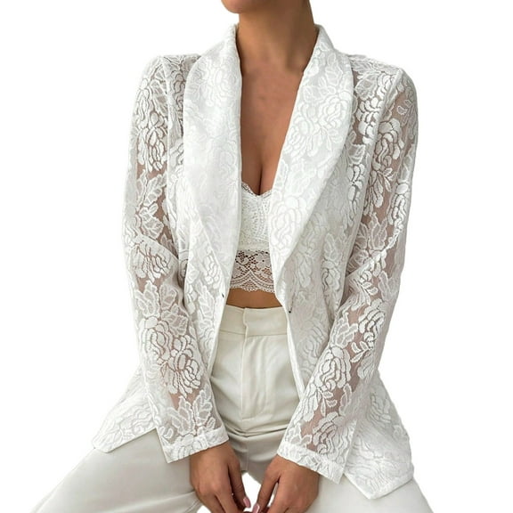 Ruimatai Women's White Lace Embroidered Casual Blazer Spring Summer Lightweight Comfortable Breathable Office Party Jacket Coat