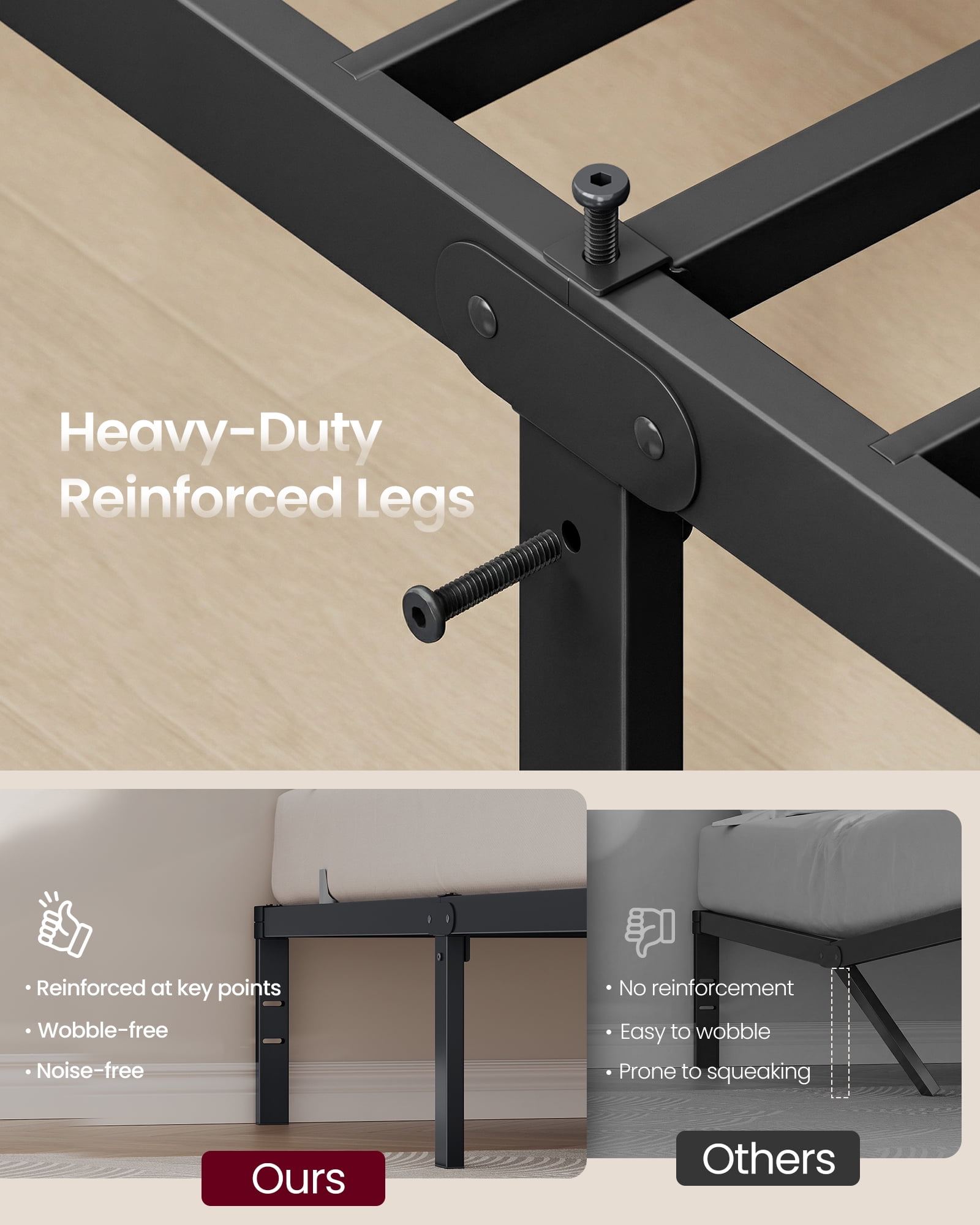 VASAGLE Queen Metal Bed Frame 14 Inches Tall, 1100 lb Weight Capacity, No Box Spring Needed, Under-Bed Storage, Easy Setup, Matte Black