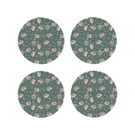 

Junzan Hedgehogs and Flowers Print Coasters for Drinks - Leather Coasters Set of 4 for Coffee Table for Housewarming/Kitchen/Bar/Decor-Round Shape