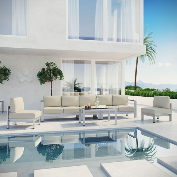 Modway Shore 6 Piece Outdoor Patio Aluminum Sectional Sofa Set, Multiple Colors