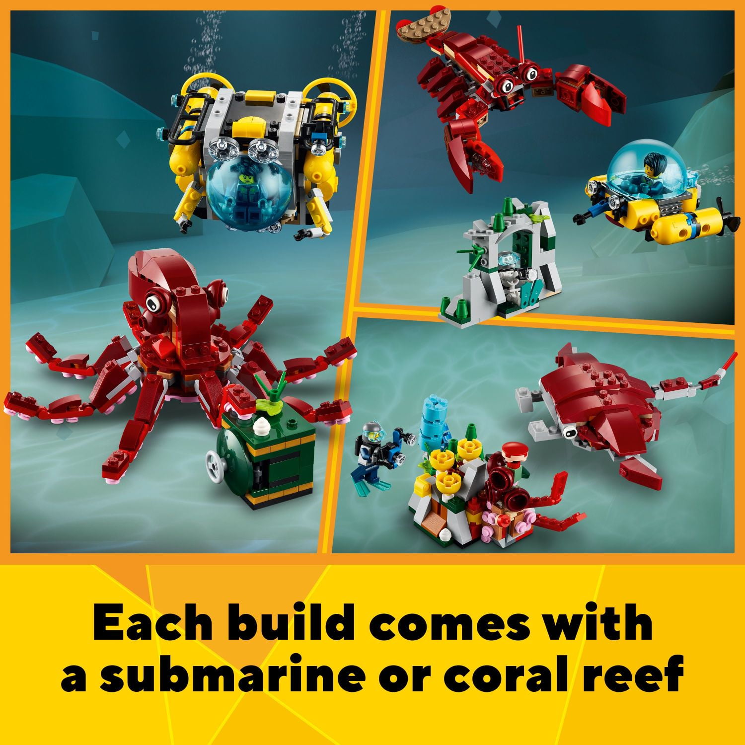 LEGO Creator 3 in 1 Sunken Treasure Mission Submarine Toy, Underwater Creatures Transform from Octopus TP Lobster to Manta Ray, Fun Sea Animal Figures, 31130 Plastic