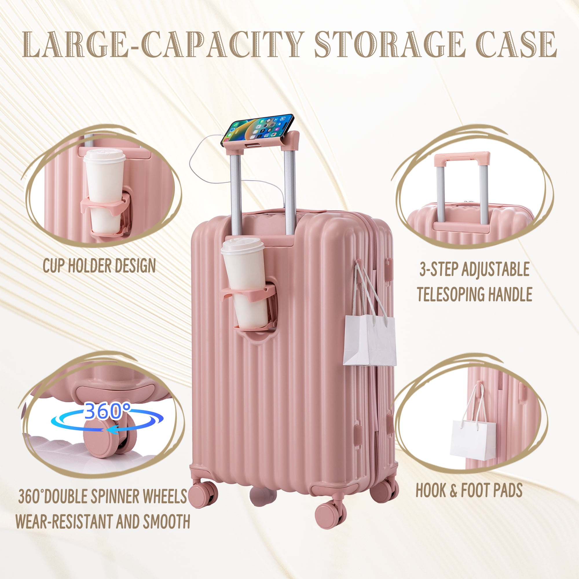 3 PCS ABS Luggage Set 20/24/28 Inch, Hard Shell Spinner Suitcase with USB & Type-C Port, Cup & Phone Holder, 3-Step Telescopic Handle, Anti-Scratch Waterproof Travel Luggage
