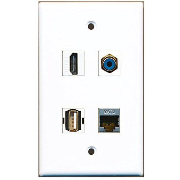 RiteAV - 1 Port HDMI 1 Port RCA Blue 1 Port USB A-A 1 Port Shielded Cat6 Ethernet Wall Plate