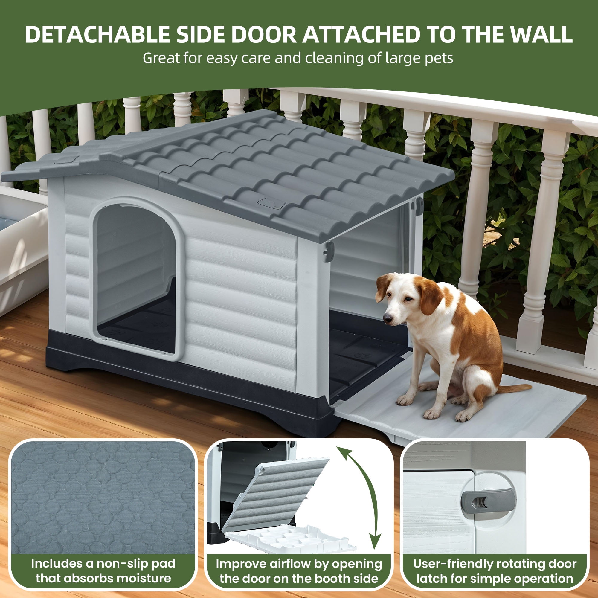 Uforic 43.7"Large Waterproof Plastic Dog House with Porch & Cushion, Outdoor Indoor Double Door Doghouse,Gray,43.7"L x 33"W x 31.6"H