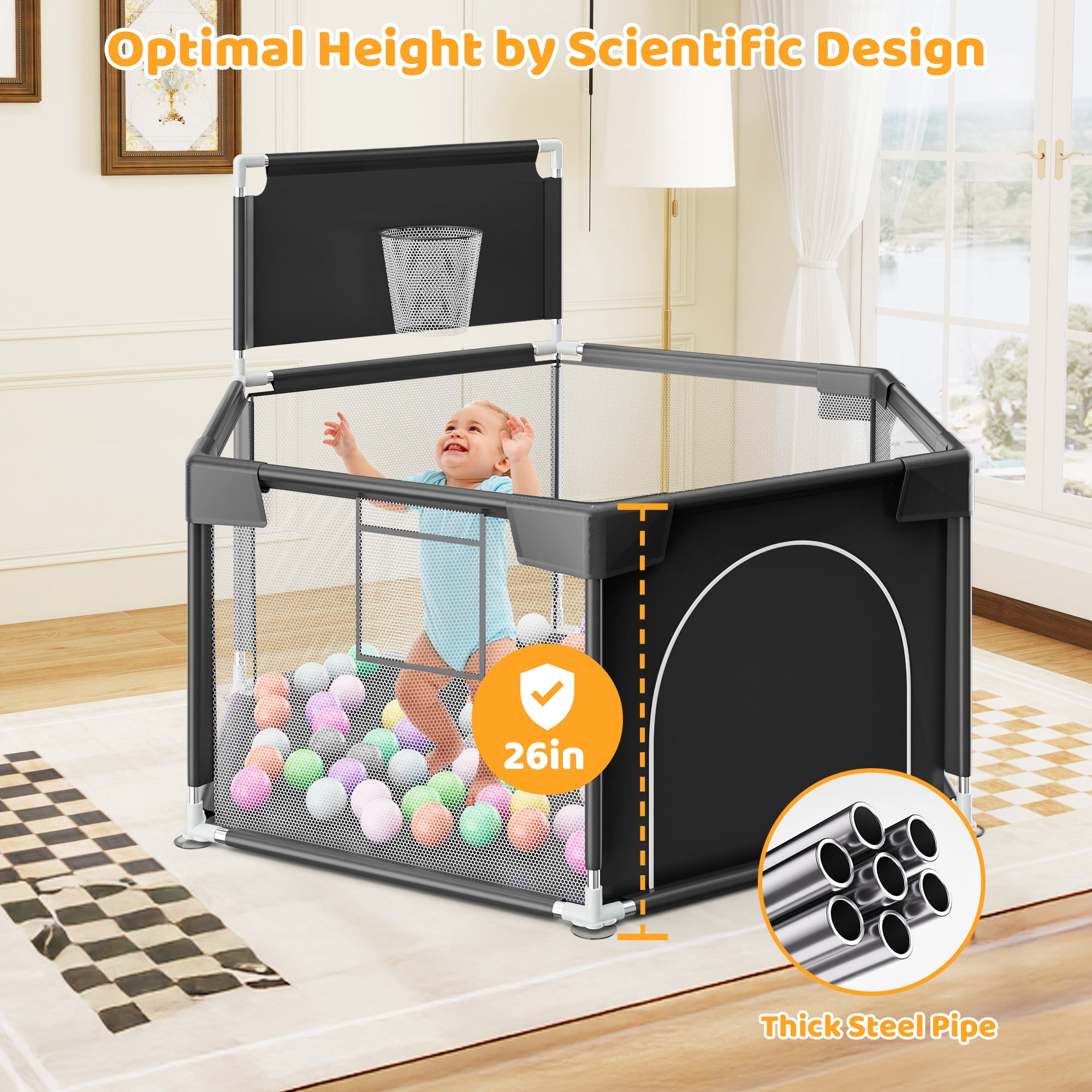 babyeap Baby Playpen with Basketball Hoop,Playpen for Babies and Toddlers,Hexagonal Fence Baby Play Yards,Black