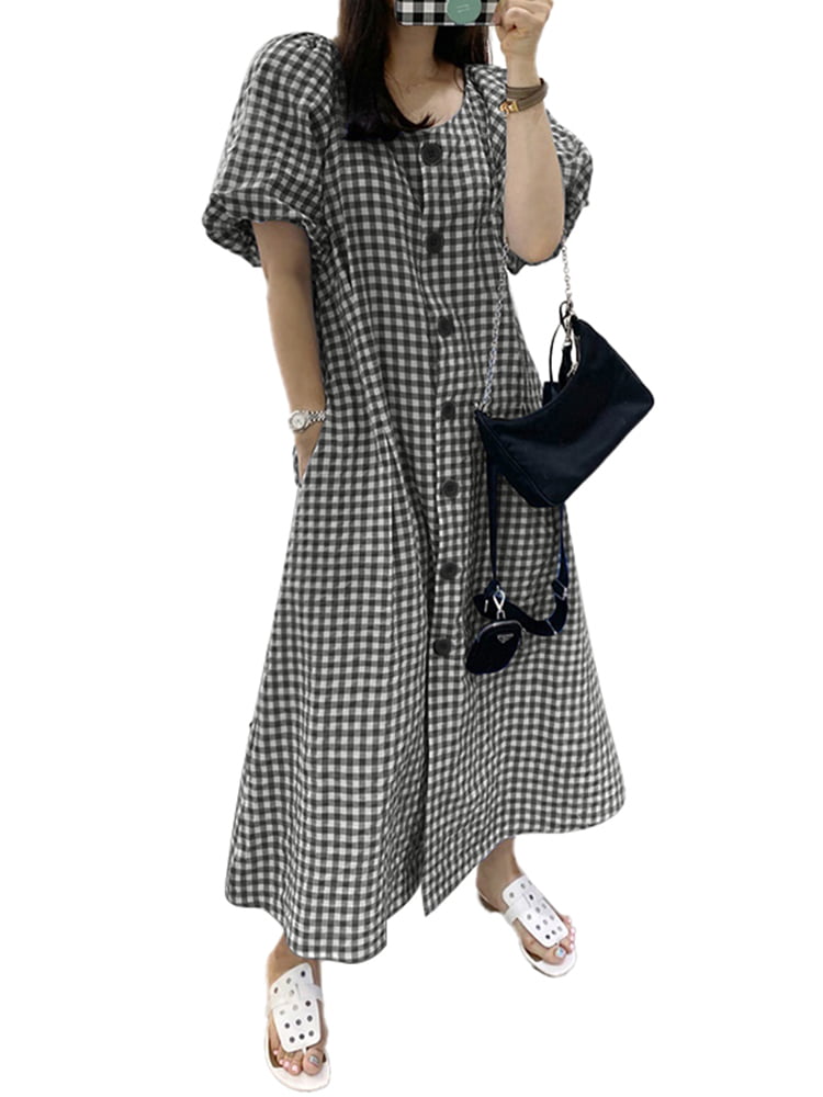 Ladies Womens A-Line Long Sleeve Grid Checked Midi Flared Swing Skater Dress 