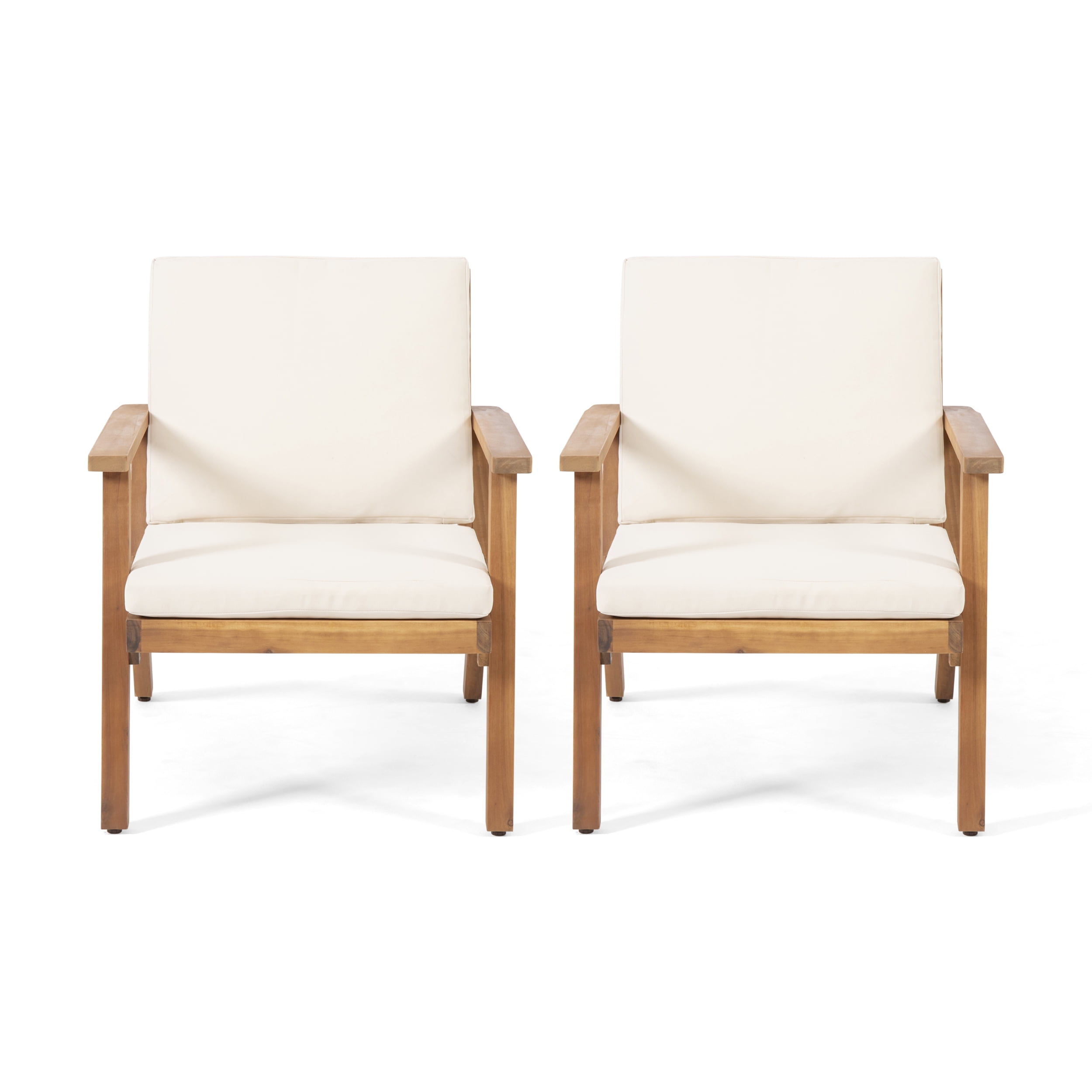 Outdoor Cushioned Single Chair Set of 2, Acacia Wood Frame Relaxing Seats for Patio Garden, Teak and Cream