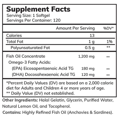 Zaytun Vitamins Halal Fish Oil 1200mg Omega-3, Supports Heart & Brain Health, One Per Day 120 Softgels (4 Months Supply), Made in USA, Halal Vitamins